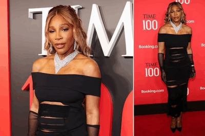Serena Williams cuts a glamorous figure in a black off-the-shoulder cut out dress as she attends TIME100 gala in NYC