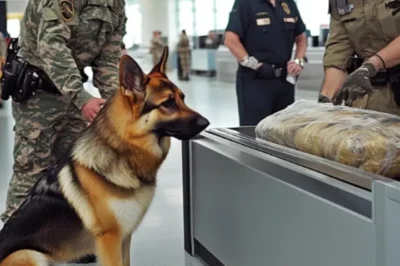 Police dog spots package at the airport and starts whining at the guard