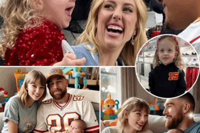 Brittany Mahomes posted adorable photos of Travis Kelce and Taylor Swift posing with baby Golden